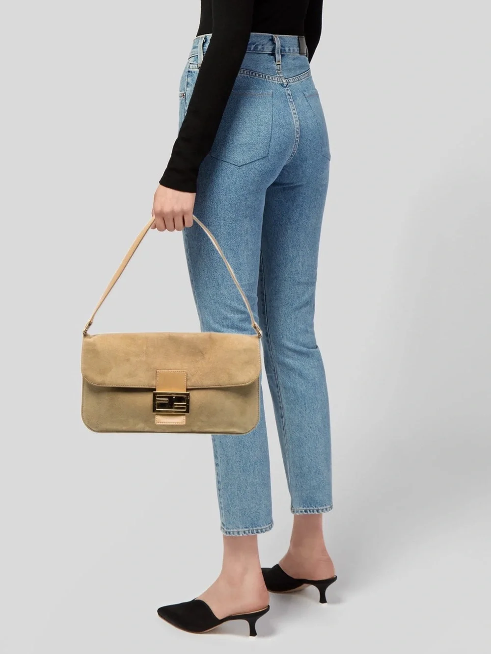 Fendi FF Logo Buttery Soft Camel Suede Baguette Bag Tan Gold